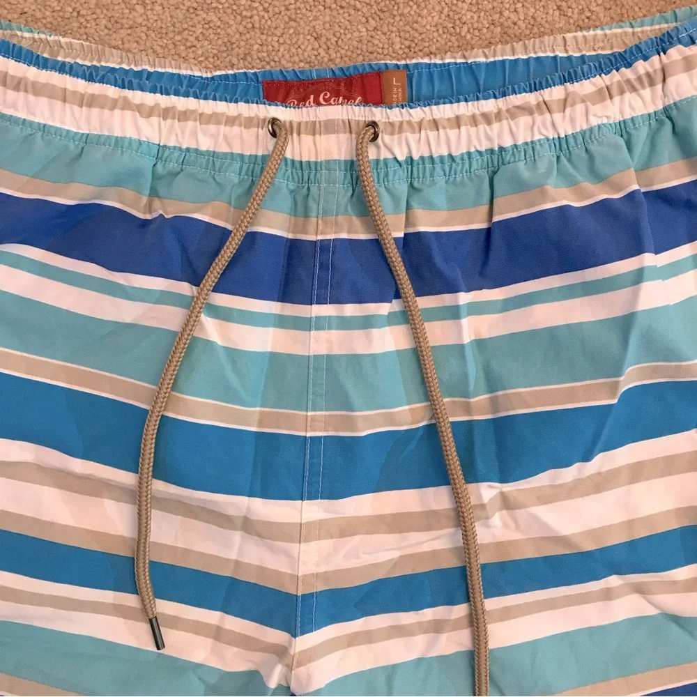 Red Camel Mens Swim Trunks Swimwear Size Large 34 36 Blue White Stripe Altered